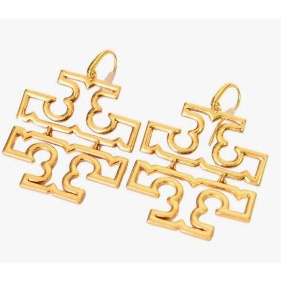 Beautiful Authentic Tory Burch Gold Britten Logo Drop Hoop Earrings - Picture 2 of 5